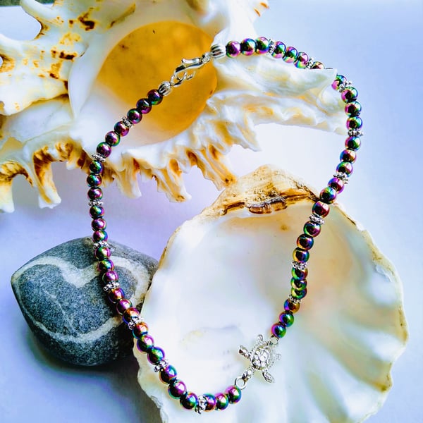 Metallic Rainbow Hematite Beaded Anklet With Silver Plate Turtle Charm