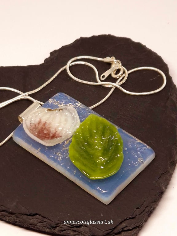 Handmade Fused Glass Botanical Pendant Necklace Pale Dogwood with Leaf