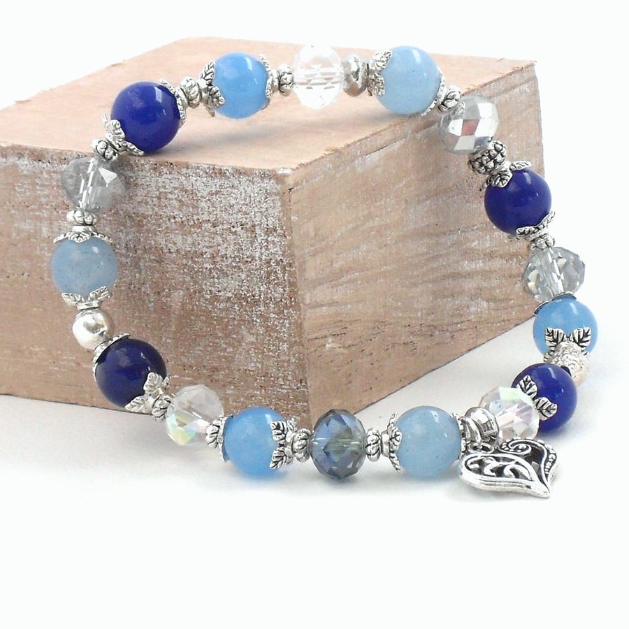 Handmade bracelet, with blue gemstones, crystal and heart charm