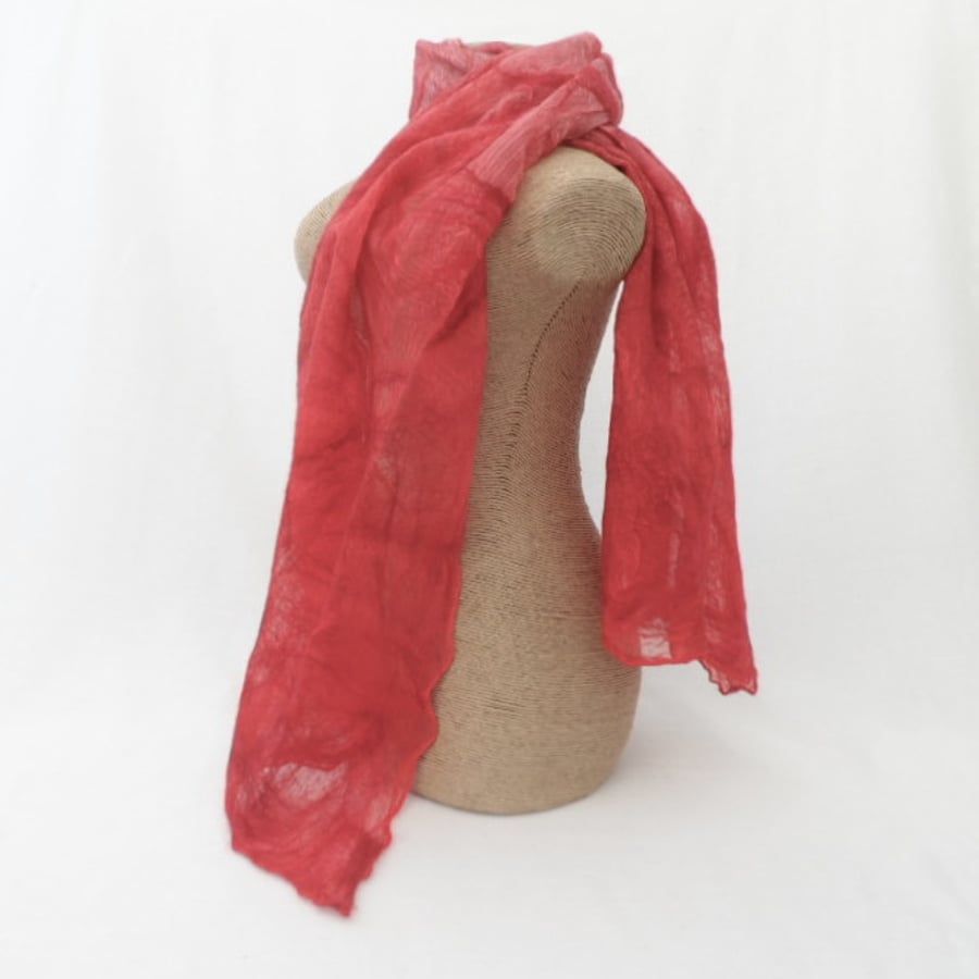Scarf Nuno felted wool on silk (Red)