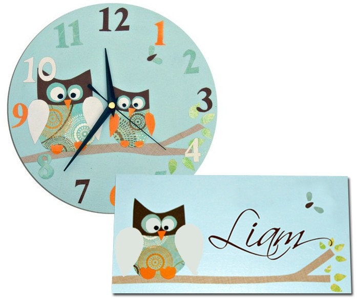 Owl Clock and Personalised Door Sign Gift Set, Owl Nursery Decor