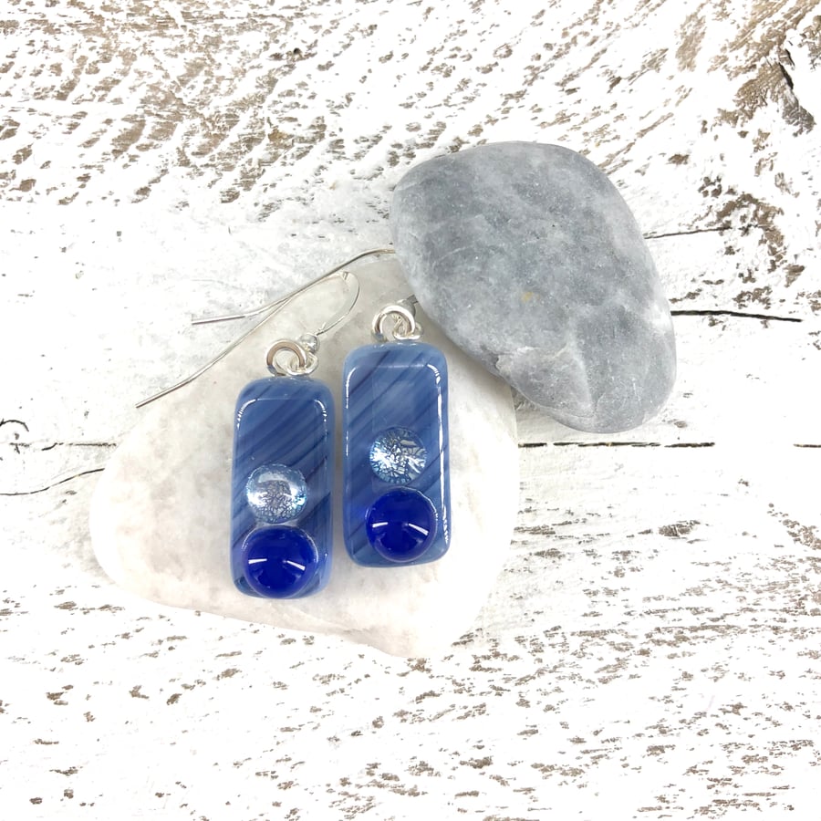 Gorgeous Blue Glass Drop Earrings with Dichroic Detail on Silver Wires