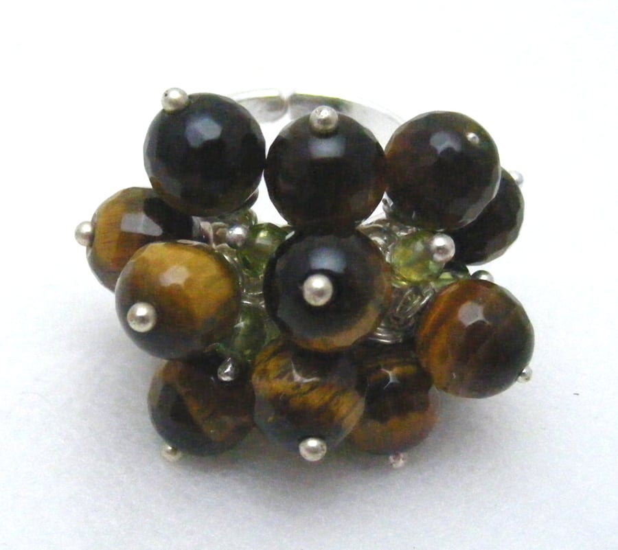 Peridot and Tigers Eye Gemstone Adjustable Ring