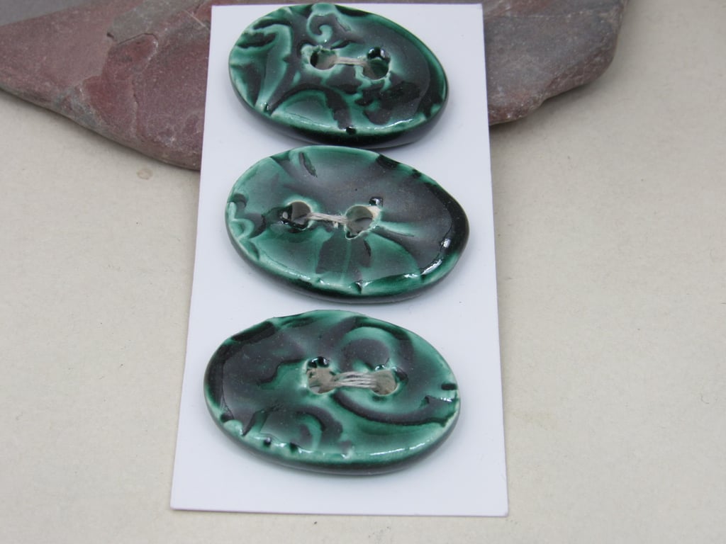 3 Medium Oval Emerald Green Brocade Pattern Ceramic Buttons