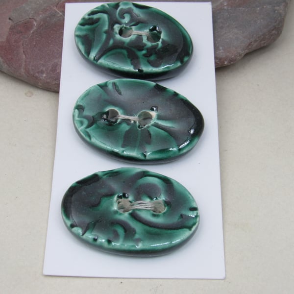 3 Medium Oval Emerald Green Brocade Pattern Ceramic Buttons