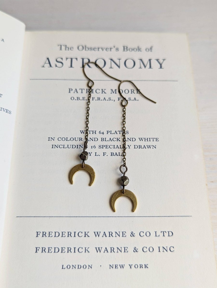Little Moon earrings on chains - brass shapes with pyrite gems on chain - Autumn
