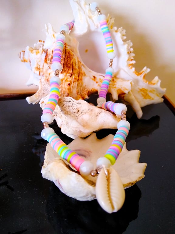 Cowrie Shell Multicolour Rainbow Pastel Beaded Necklace 16-18 Inch