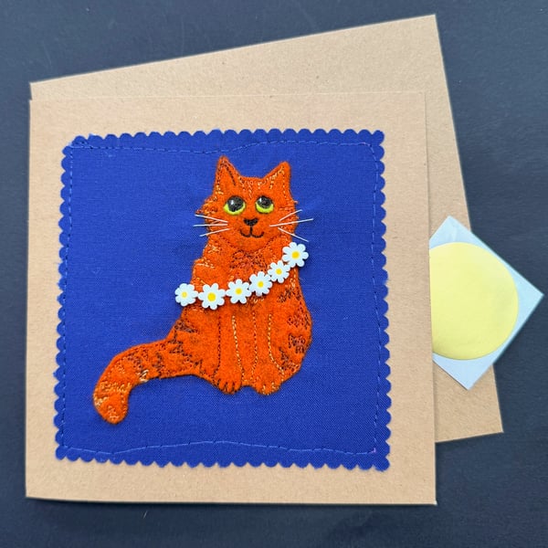 ginger cat with daisy chain free motion appliqué blank greetings card