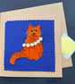 ginger cat with daisy chain free motion appliqué blank greetings card