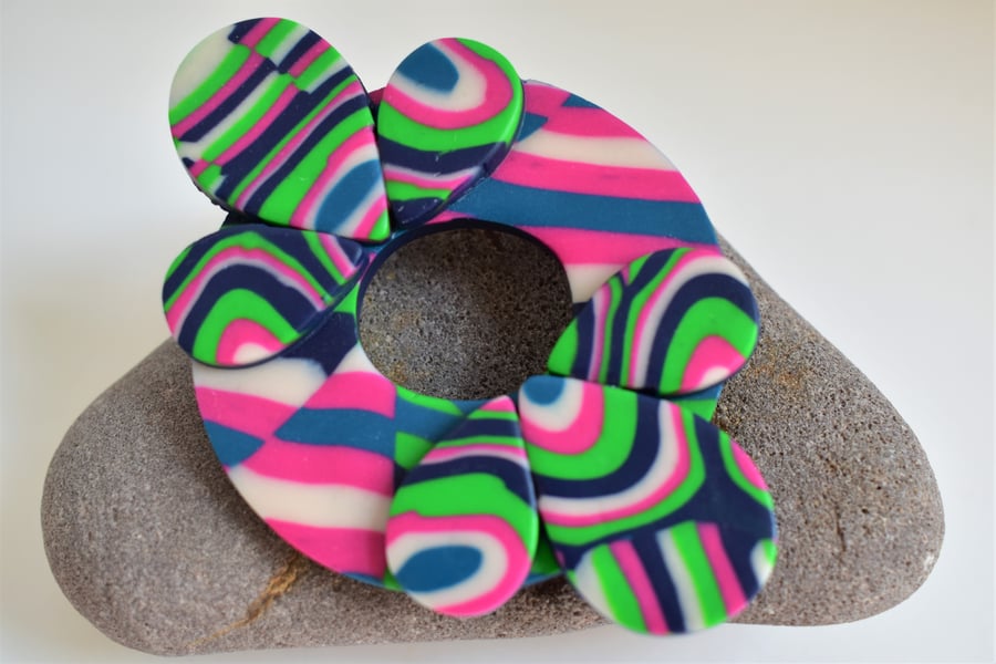 Big, Bright & Bold Brooch in Blue, Teal, Hot Pink & Apple Green Polymer Clay