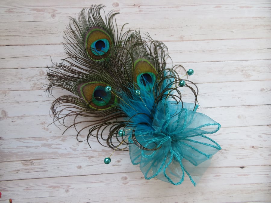 Dark Turquoise Teal Peacock Feather Comb Bridgerton Regency Style 