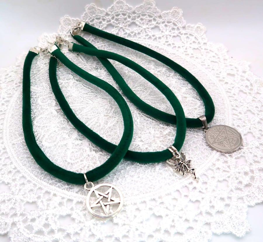 Green Velvet Choker Necklace with Pendant. Choice of Pendants. UK Post is Free