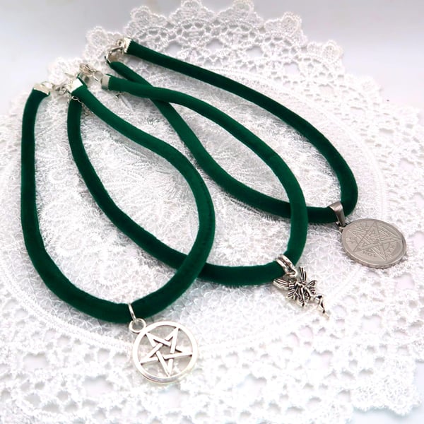 Green Velvet Choker Necklace with Pendant. Choice of Pendants. UK Post is Free