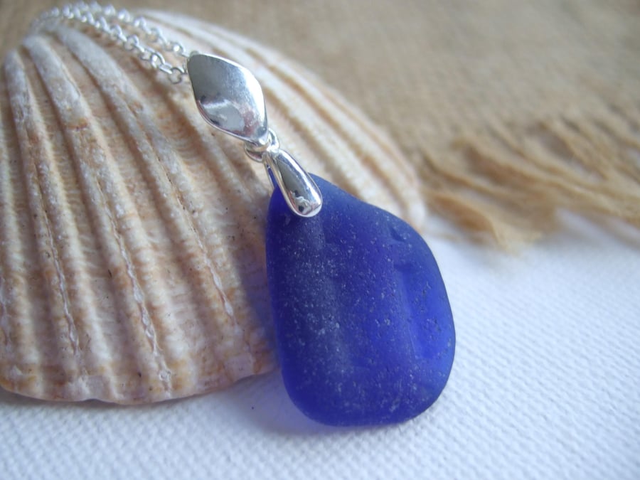 Scottish cobalt blue sea glass pendant on sterling bail, blue sea glass pendant,