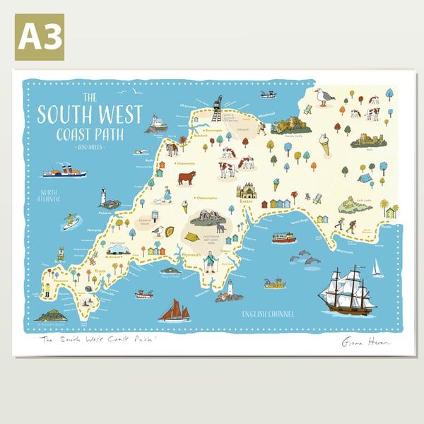 South West Coast Path illustrated map A3 poster, walking route print