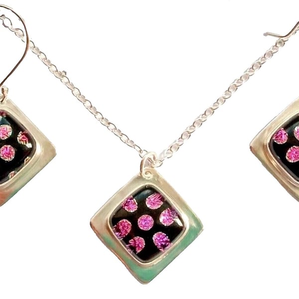 Silver Necklace Earrings Jewellery Gift Set Dichroic Glass Black Pink Spots