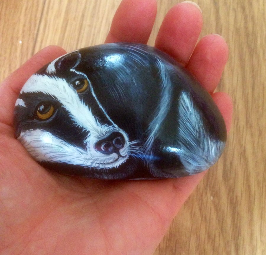 Badger hand painted rock stone pet 