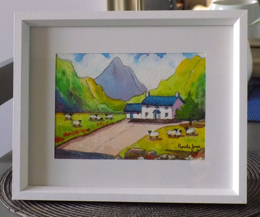 Snowdonia Cottage, North Wales, Original Watercolour in 9.5 x 7.5'' White Frame