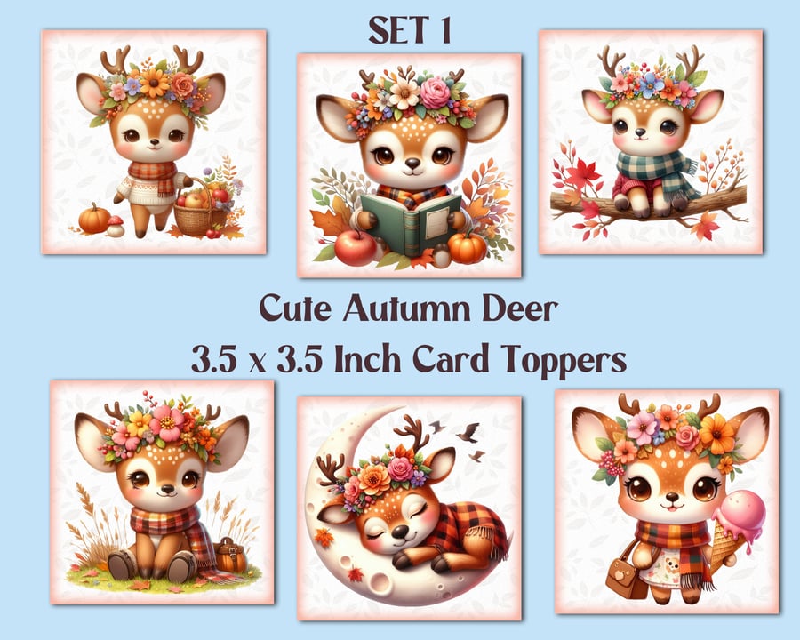 Cute Autumn Deer Square Card Toppers for Card Making, Tags, Journals, Scrapbooks