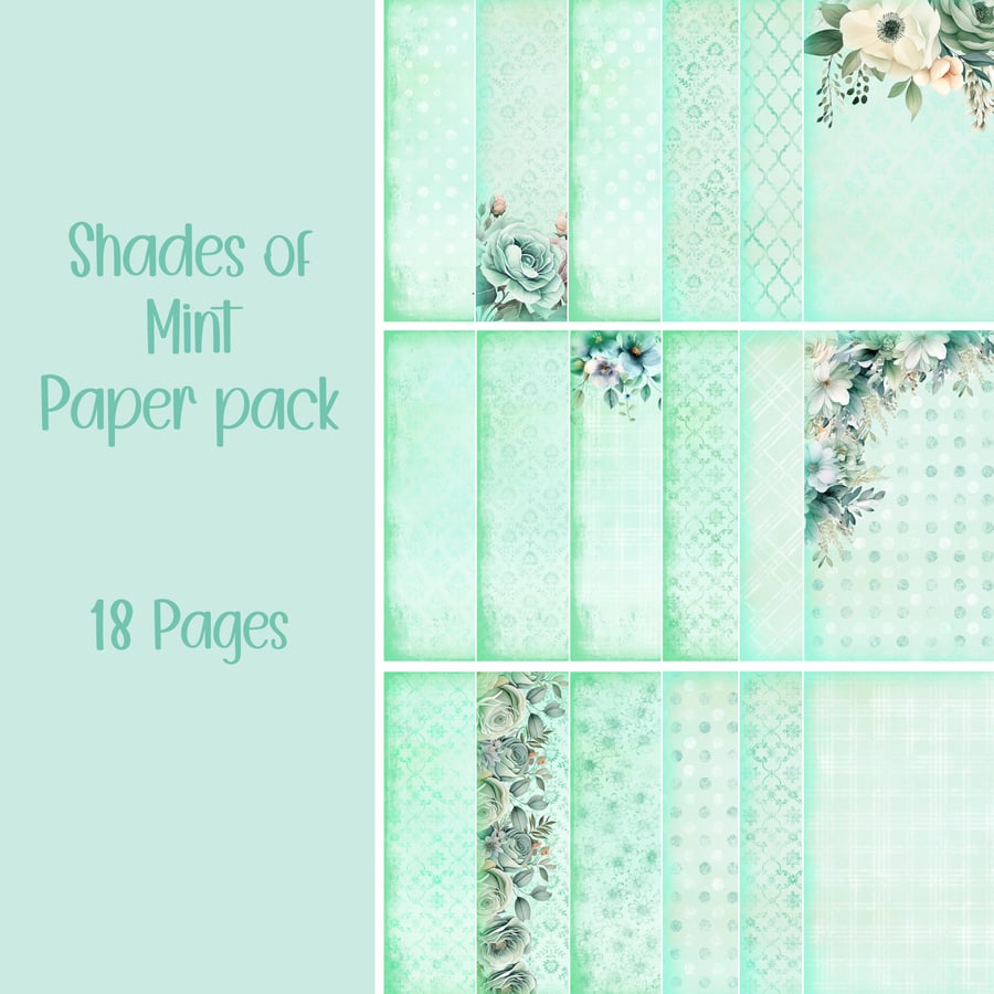 Shades of Mint Paper pack Scrapbooking, Ephemera, Digital Download