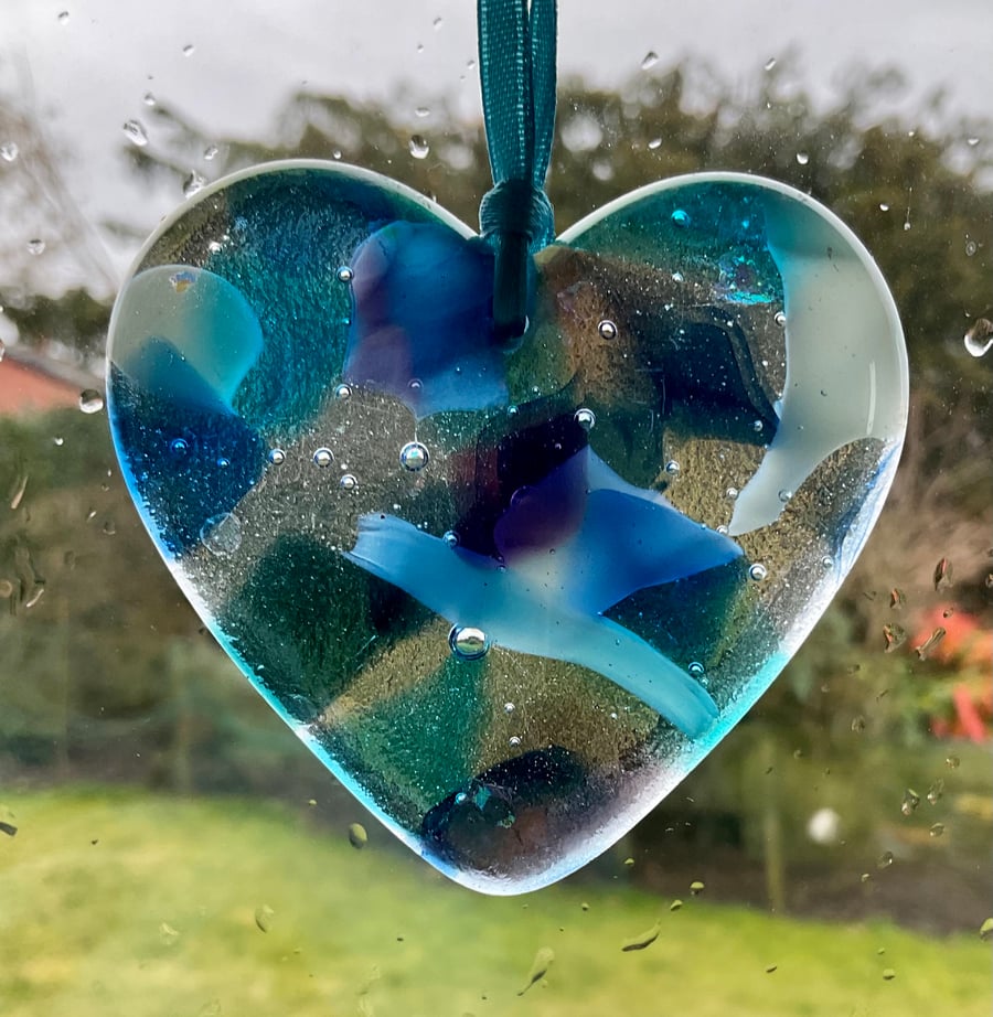 Glass fused hearts window hanging
