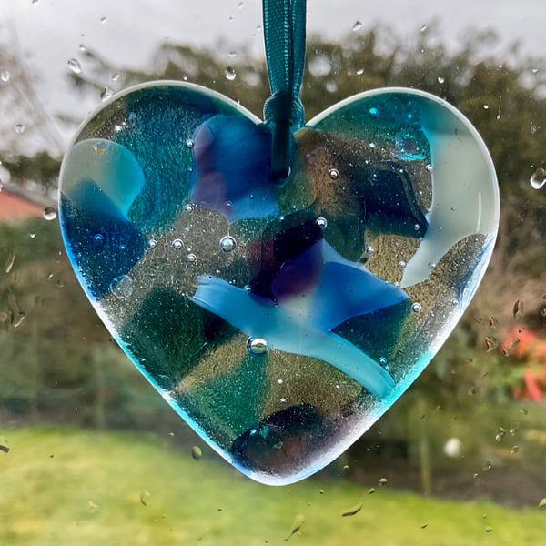 Glass fused hearts window hanging
