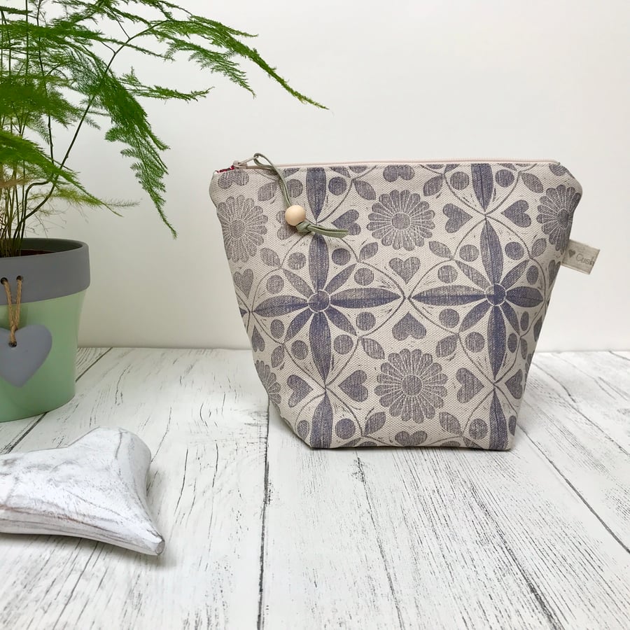 Hand Printed Linen Wash Bag, Toiletry Bag, Accessory Bag