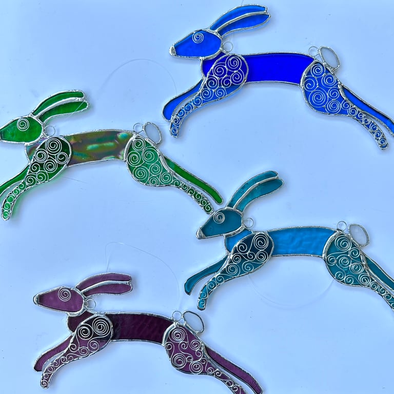 Stained Glass Leaping Hare Suncatchers - Handmade Hanging Decoration - Multi Red
