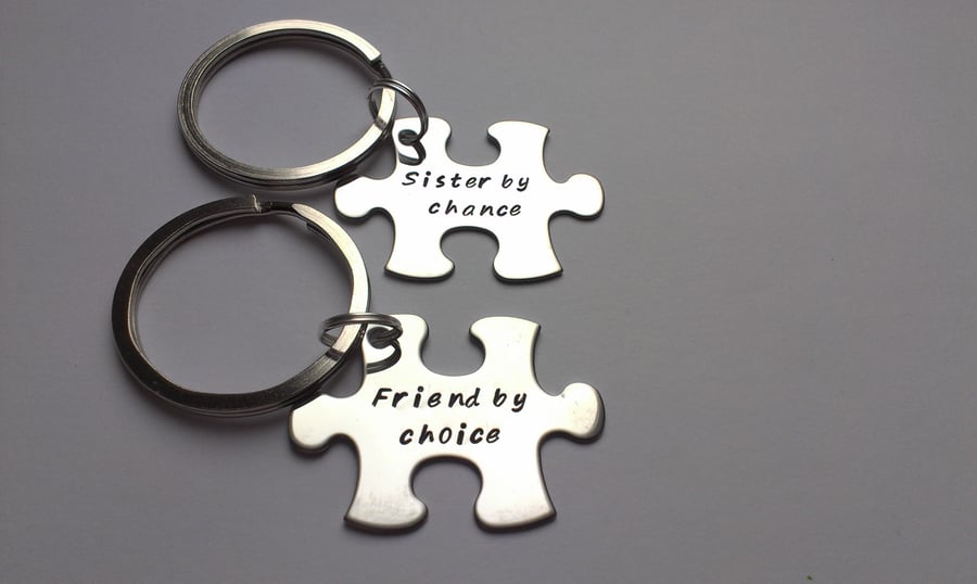 Hand Stamped puzzle jigsaw piece keyrings Sisters by chance, friends by choice
