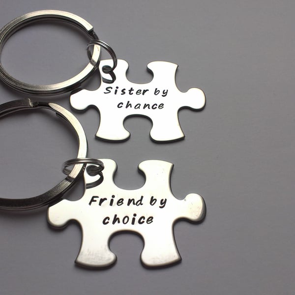 Hand Stamped puzzle jigsaw piece keyrings Sisters by chance, friends by choice