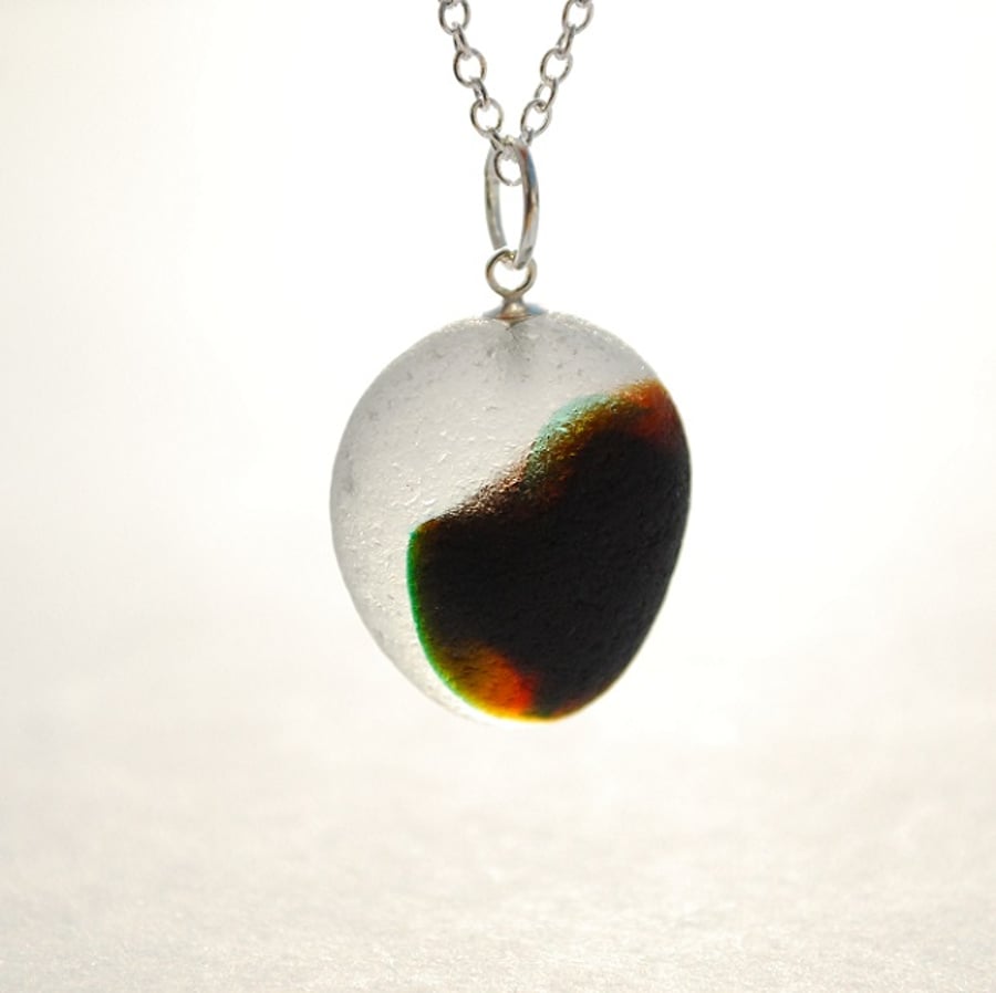 Dark brown and white sea glass pendant