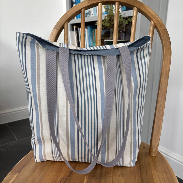 Long handle tote bag, shopping bag, blue, grey and cream nautical stripes