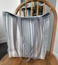 Long handle tote bag, shopping bag, blue, grey and cream nautical stripes