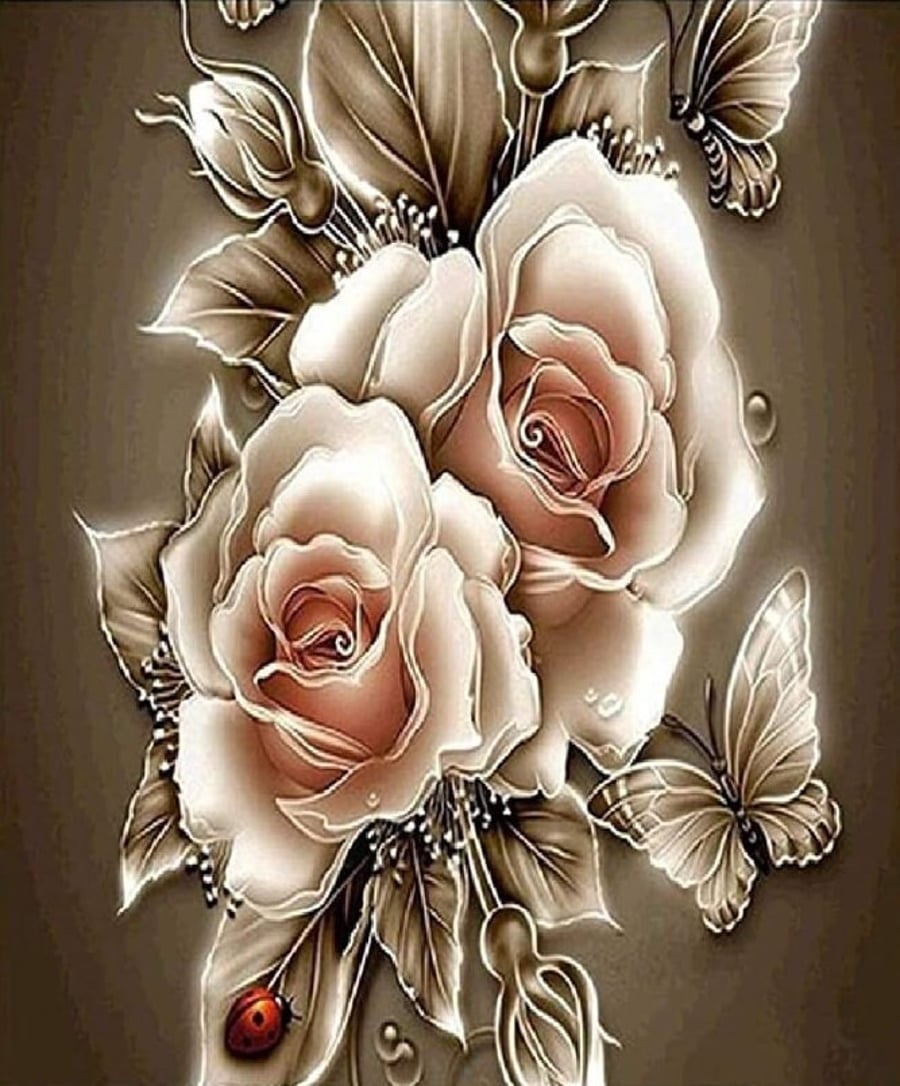 5D DIY Beige Roses and Butterfly Diamond Painting Kit Crystal Embroidery Rhinest