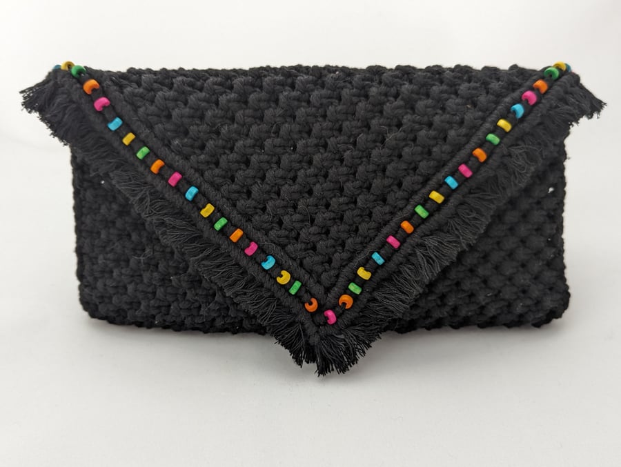 Black macrame clutch bag