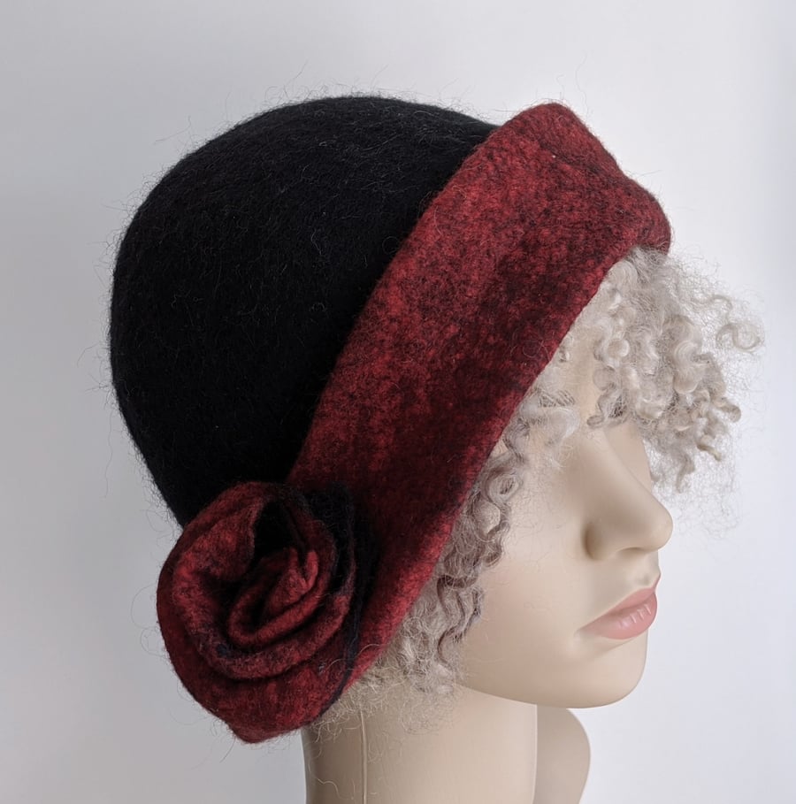 Black felted wool cloche hat with deep red brim 