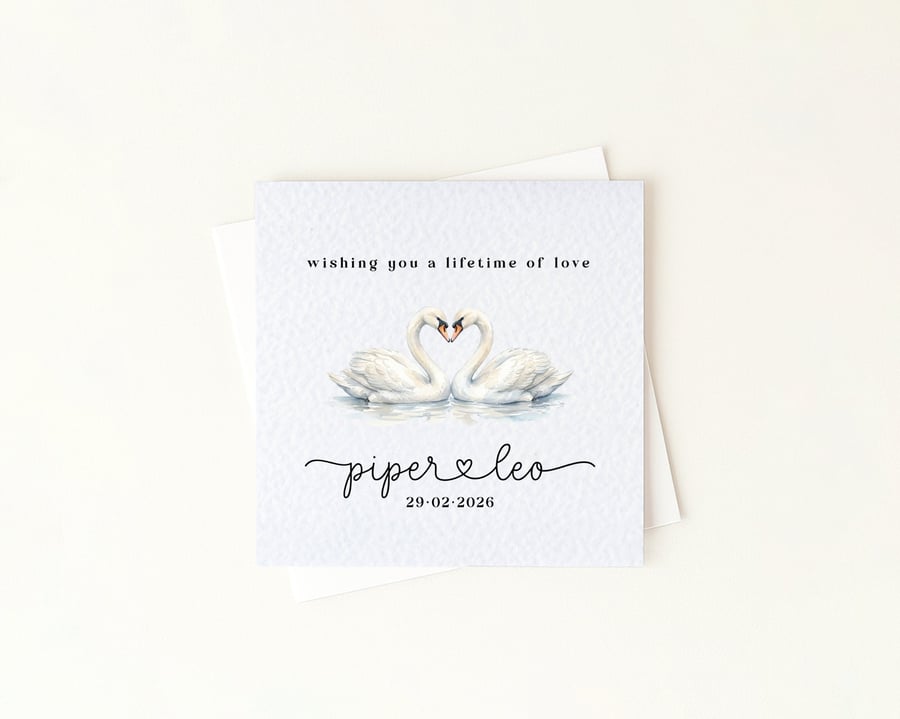 Swans In Love Wedding Congratulations or Engagement Card - Custom Names & Date