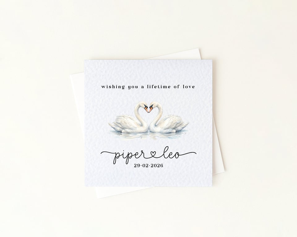 Swans In Love Wedding Congratulations or Engagement Card - Custom Names & Date