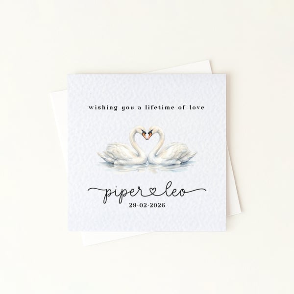 Swans In Love Wedding Congratulations or Engagement Card - Custom Names & Date