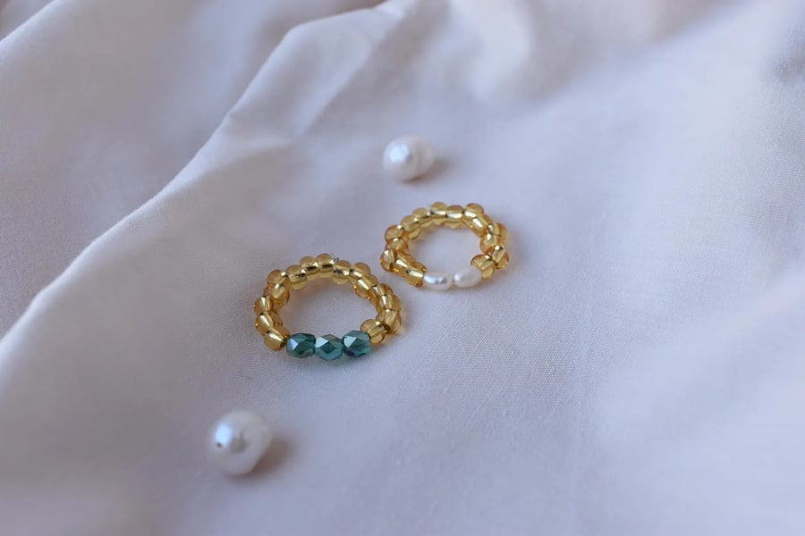 Stackable Two-Ring Set - Beaded Rings with Freshwater Pearl & Green Glass