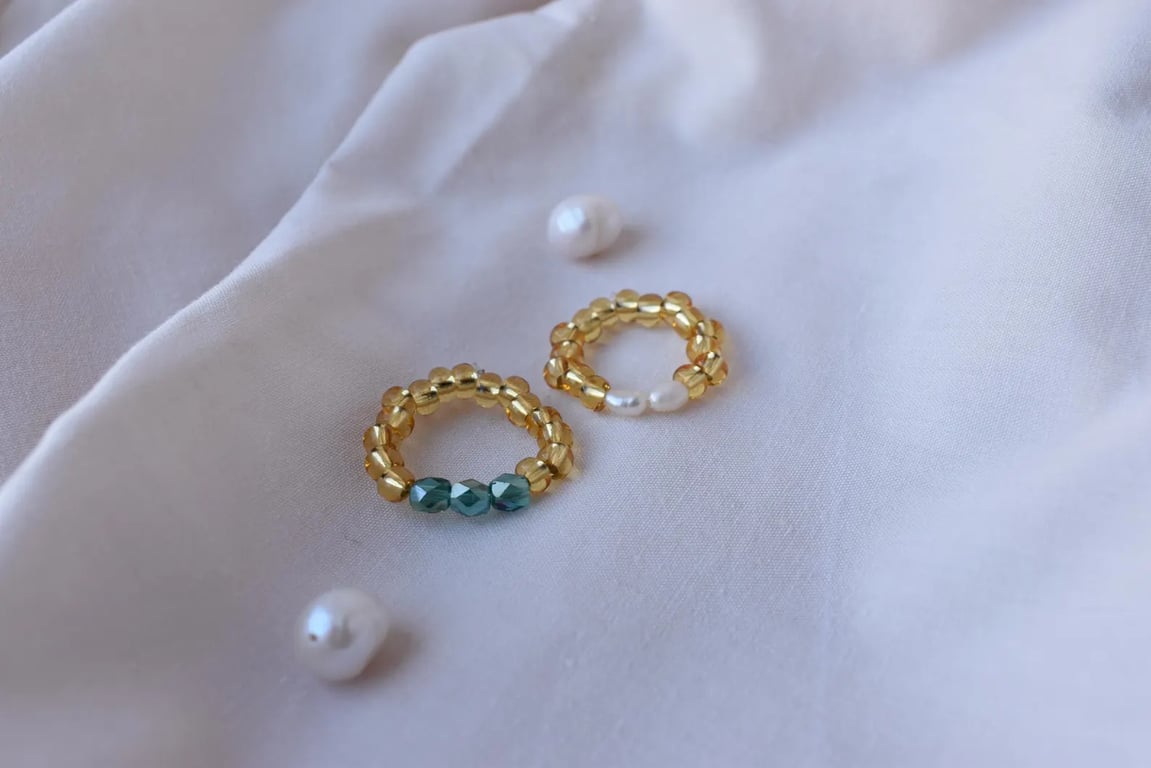 Stackable Two-Ring Set - Beaded Rings with Freshwater Pearl & Green Glass