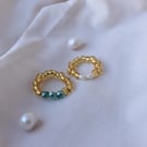 Stackable Two-Ring Set - Beaded Rings with Freshwater Pearl & Green Glass