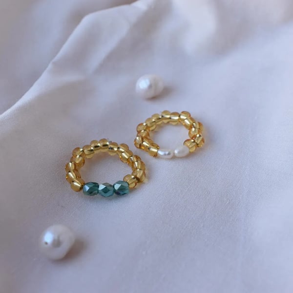 Stackable Two-Ring Set - Beaded Rings with Freshwater Pearl & Green Glass