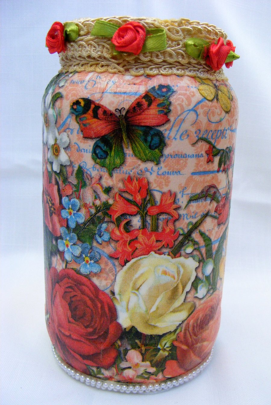Mixed Colour Roses Decoupaged Upcycled Glass Vase