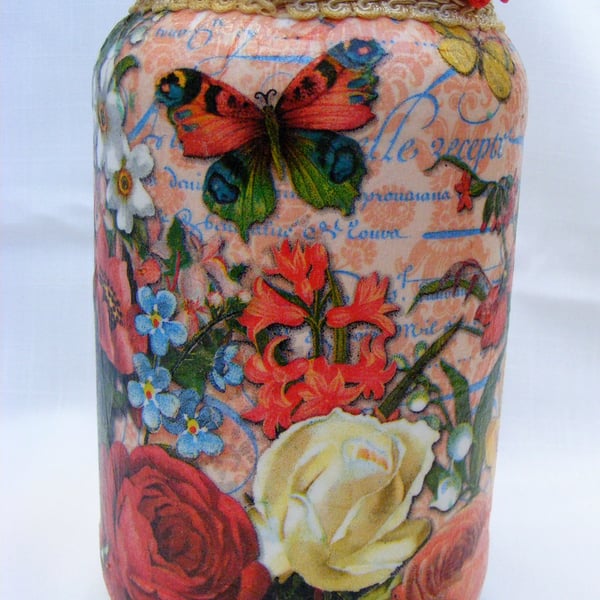 Mixed Colour Roses Decoupaged Upcycled Glass Vase