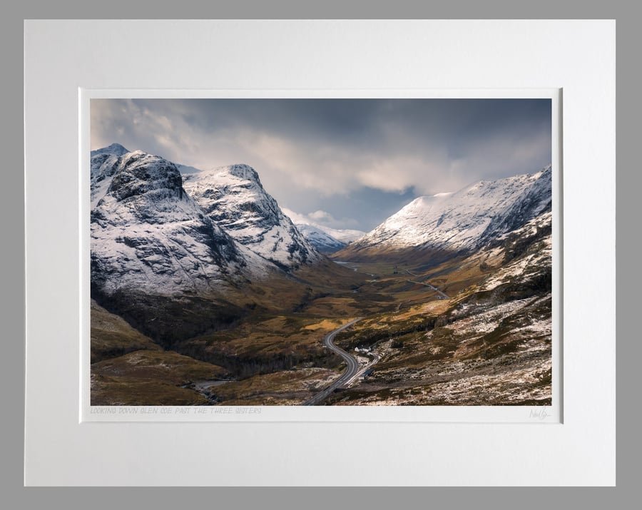 Looking down Glen Coe past 3 Sisters, Highlands - A3 (50x40cm) Unframed Print