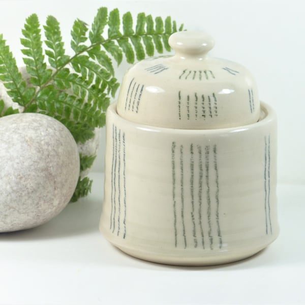 Sugar Bowl Narrow Stripes White Lidded Storage Pot,  Ceramic Pottery 