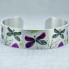 Dragonfly cuff bracelet, brushed silver nature jewellery with dragonflies. B421