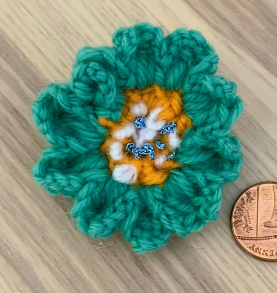 Crochet Flower Badge Brooch Metallic Thread Green Orange Wool