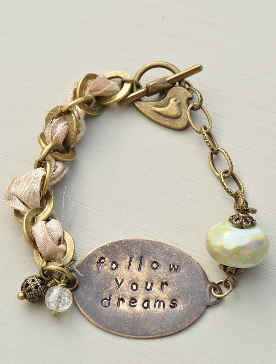 Follow Your Dreams Vintaj Handstamped Metal, Bead & Ribbon Bracelet